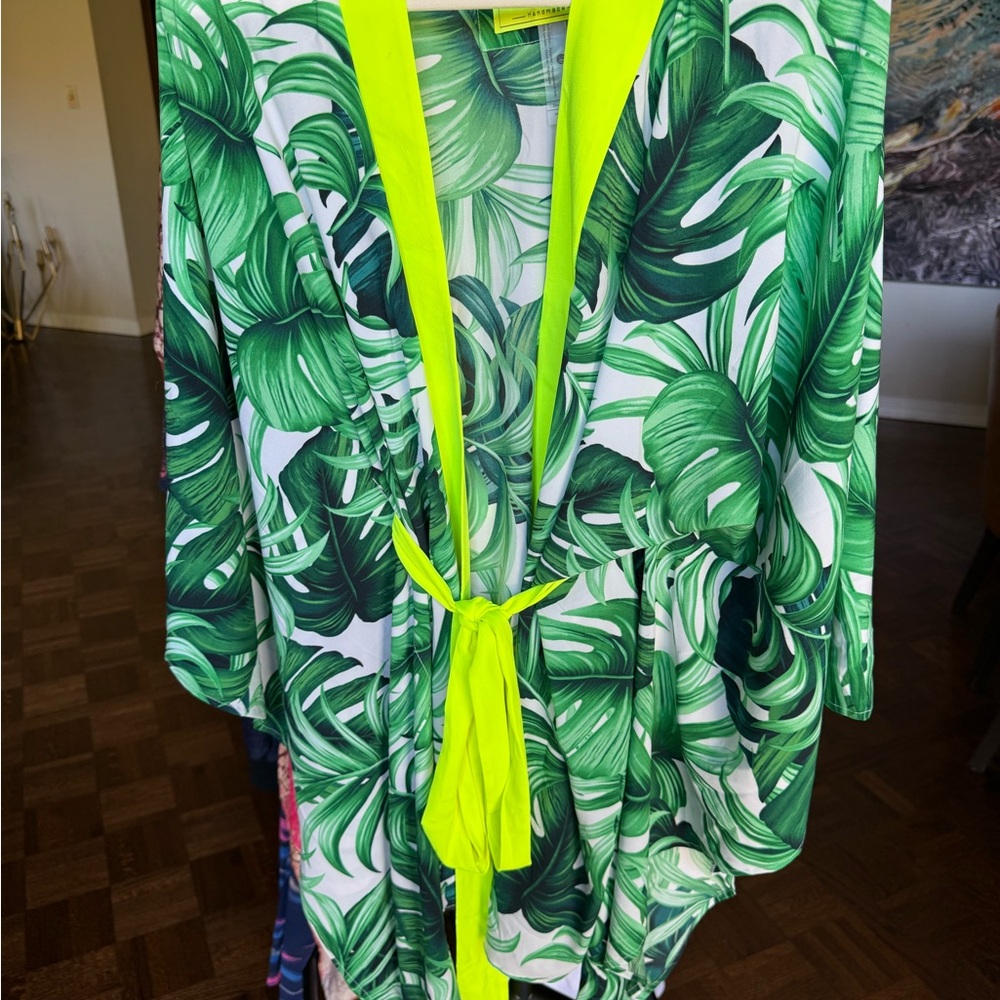 Tropical Leaf Print Kimono with Neon Accents